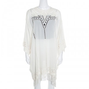 Pre Owned Isabel Marant Etoile Cream Cutout Embroidered Detail Fringed Enery Dress M