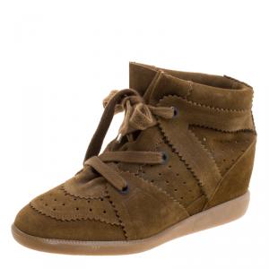 Isabel Marant Brown Perforated Suede Etoile Wedge Sneakers Size 40