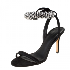 Pre Owned Isabel Marant Black Suede Alrin Crystal Embellished Ankle Strap Sandals Size 38