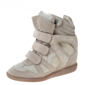 Pre Owned Isabel Marant Cream Suede And Leather Trim Bekett Wedge Sneakers Size 37