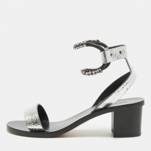 Isabel Marant Silver/Black Crackled Laminated Leather Ankle Strap Sandals Size 39