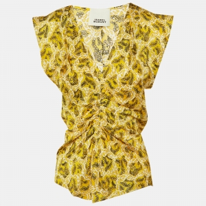 Pre Owned Isabel Marant Yellow Printed Silk Lonea Ruched Top S