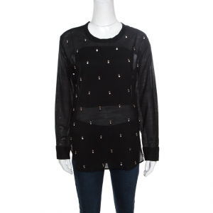 Isabel Marant Black Sheer Silk Crystal Embellished Long Sleeve Golin Blouse S