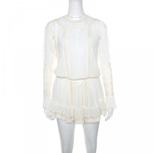 Pre Owned Isabel Marant Off White Cotton Smocked Waist Yoke Lace Peasant Dress S