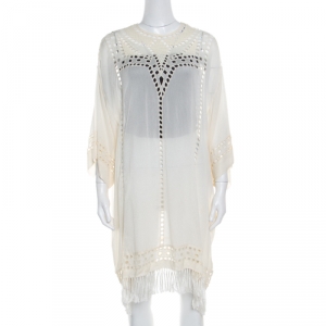 Pre Owned Isabel Marant Etoile Cream Embroidered Ladder Lace Insert Tasseled Hem Kaftan S