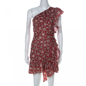 Pre Owned Isabel Marant Etoile Brick Red Paisley Print Linen One Shoulder Ruffle Mini Teller Dress S