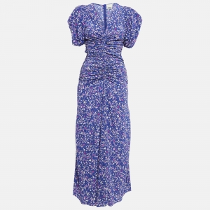 Isabel Marant Purple Printed Silk Blend Ruched Long Dress S