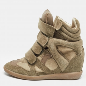 Pre Owned Isabel Marant Olive Green/Brown Suede And Leather Bekett Wedge High Top Sneakers Size 38