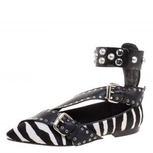 Pre Owned Isabel Marant Zebra Print Calf Hair Linzy Eyelet Pointed Toe Ballet Flats Size 37