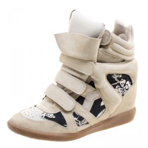 Isabel Marant Beige Suede and Printed Canvas Bekett Hawaiian Wedge Sneakers Size 41