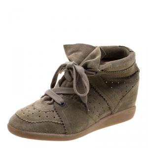 Pre Owned Isabel Marant Khaki Suede Etoile Bobby Wedge Sneakers Size 40