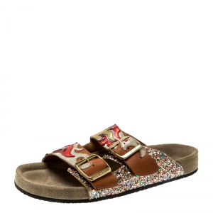 Pre Owned Isabel Marant Multicolor Leather And Coarse Glitter Gail Flat Slides Size 37