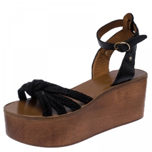 Isabel Marant Black Knot Rope and Leather Zia Wooden Wedge Sandals Size 39
