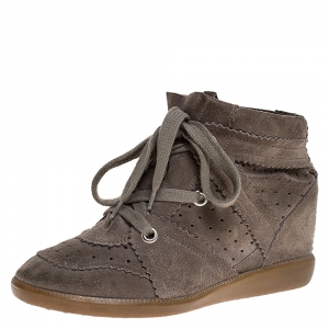 Isabel Marant Grey Suede Leather Bobby Wedge Lace Up Sneakers Size 38