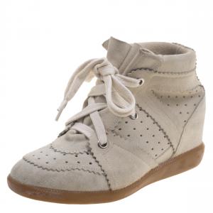 Pre Owned Isabel Marant Beige Perforated Suede Etoile Wedge Sneakers Size 37