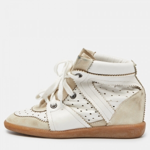 Isabel Marant White/Cream Perforated Leather and Suede Baya Wedge Sneakers Size 39