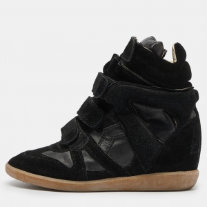 Pre Owned Isabel Marant Black Leather and Suede Over Basket Wedge High Top Sneakers Size 39