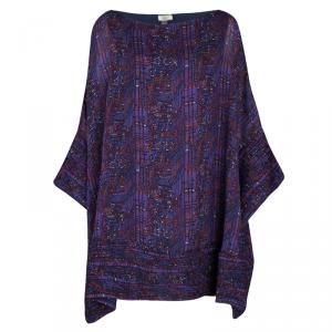 Issa Purple Printed Silk Frayed Trim Detail Oversized Tunic S