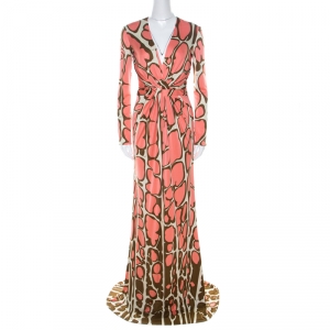 Issa Pink Abstract Print Silk Jersey Gathered Waist Maxi Dress S