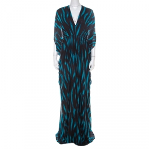 Issa Blue and Black Stripe Printed Silk Maxi Kaftan Dress S