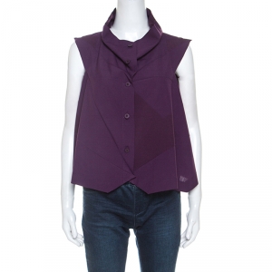 Issey Miyake Purple Wool Blend Geometric Patterned Buttoned Sleeveless Top XS