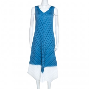 Issey Miyake Blue Creme Diagonal Pleated Sleeveless Dress S