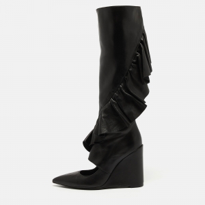 J.W.Anderson Black Leather Ruffle Knee Length Boots Size 38