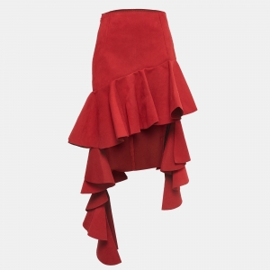 Jacquemus Red Suede Draped High-Low Midi Skirt S