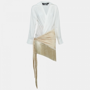 Jacquemus La Bomba White Cotton and Crepe Fringe Shirt Dress M