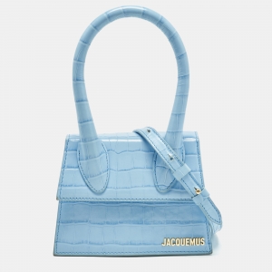 Jacquemus Light Blue Croc Embossed Le Chiquito Moyen Top Handle Bag