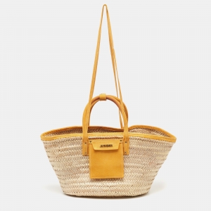 Jacquemus Beige/Yellow Straw and Suede Le Panier Soleil Basket Tote