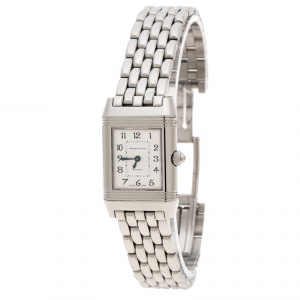 Jaeger LeCoultre White/Mother of Pearl Stainless Steel Diamonds Reverso Classic Duetto Women's Wristwatch 20 mm