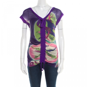 Jean Paul Gaultier Soleil Multicolor Printed Nylon Mesh Ruched Top XL