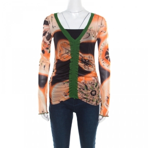 Jean Paul Gaultier Soleil Multicolor Printed Nylon Mesh Ruched Long Sleeve Top L