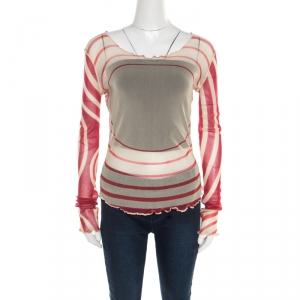 Jean Paul Gaultier Soleil Red and Cream Printed Nylon Mesh Long Sleeve Top L