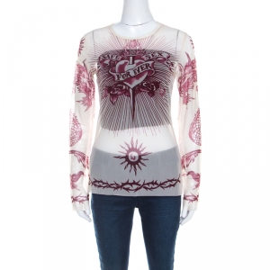 Jean Paul Gaultier Soleil Cream Printed Nylon Mesh Long Sleeve Top L