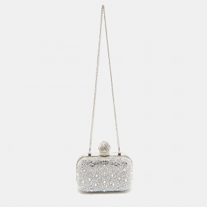Jimmy Choo Silver Suede Crystals Embellished Micro Cloud Clutch