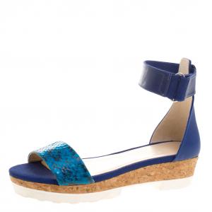 Jimmy Choo Blue Watersnake Neat Ankle Strap Cork Wedge Platform Sandals Size 41