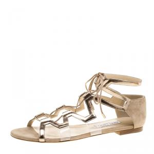 Pre Owned Jimmy Choo Metallic Bronze Leather Dell Lace Up Open Toe Flat Sandals Size 41