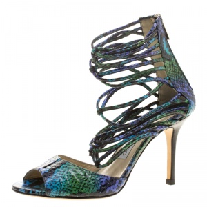Pre Owned Jimmy Choo Mulitcolor Python Leather Shakira  Strappy Sandals Size 37