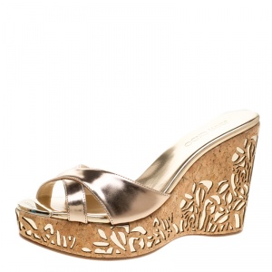 Pre Owned Jimmy Choo Nude Patent Perfume Cork Wedges Size 38.5