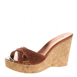 Pre Owned Jimmy Choo Metallic Pop Orange Lurex Fabric Perfume Cork Wedge Slides Size 41