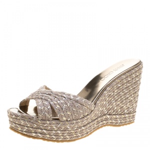 مملوكة مسبقًا Jimmy Choo Light Mocha Braided Fabric Perfume Braided Wedge Slides Size 40