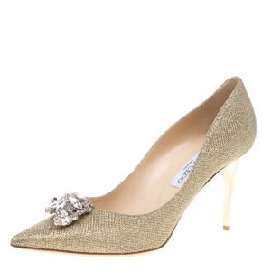 Pre Owned Jimmy Choo Metallic Gold Lamè Glitter Fabric Mamey Crystal Embellished Pointed Toe Pumps Size 41