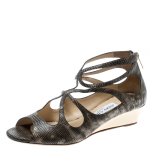مملوكة مسبقًا Jimmy Choo Two Tone Lizard Embossed Leather Lava Cut Out Wedge Sandals Size 37.5