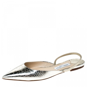 Pre Owned Jimmy Choo Metallic Gold Leather Genoa Pointed Toe Slingback Flat Mules Size 40