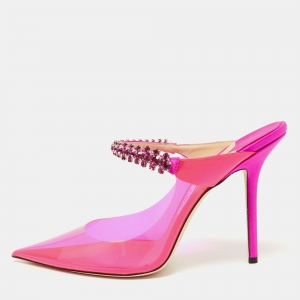 Pre Owned Jimmy Choo Pink PVC and Satin Bing Crystal Embellished Pointed Toe Sandals Size 42