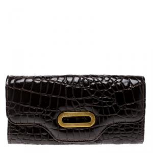 Jimmy Choo Dark Brown Croc Embossed Glossy Leather Flap Wallet