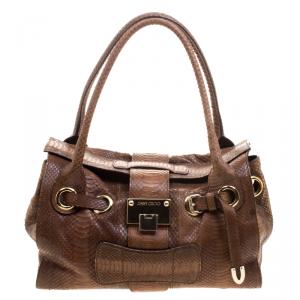 Jimmy Choo Brown Python Embossed Leather Rosalie Top Handle Bag