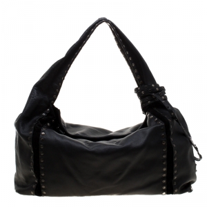 Pre Owned Jimmy Choo Black Leather and Suede Studded Saba Hobo